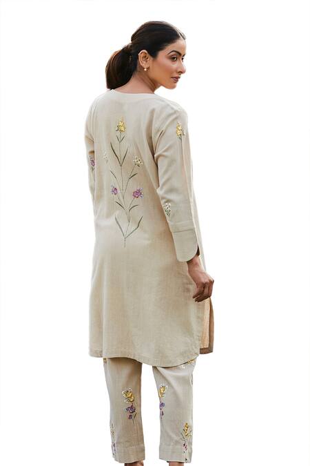 BO Tree Beige Handloom Cotton Embroidery Opulent Oasis Floral Motif Kurta And Pant Set Online at Aza Fashions BO Tree_Beige Handloom Cotton Embroidery Opulent Oasis Floral Motif Kurta And Pant Set _Online_at_Aza_Fashions