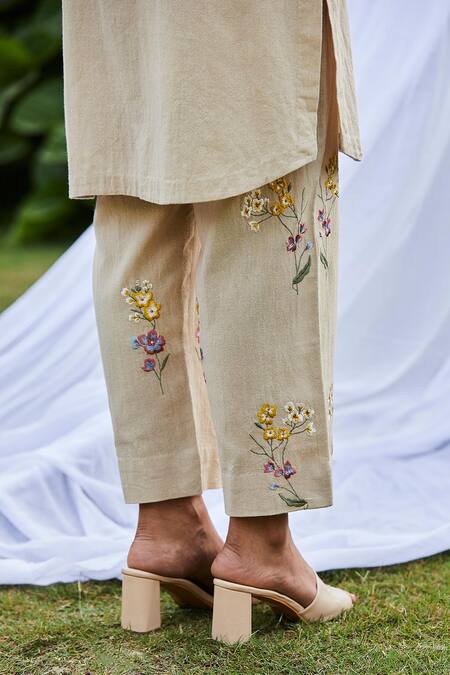 Shop BO Tree Beige Handloom Cotton Embroidery Opulent Oasis Floral Motif Kurta And Pant Set Online at Aza Fashions Shop_BO Tree_Beige Handloom Cotton Embroidery Opulent Oasis Floral Motif Kurta And Pant Set _Online_at_Aza_Fashions