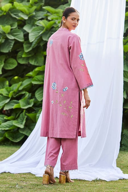 Shop BO Tree Pink Cotton Embroidery Round Neck Rose Radiance Floral Kurta And Pant Set at Aza Fashions Shop_BO Tree_Pink Cotton Embroidery Round Neck Rose Radiance Floral Kurta And Pant Set _at_Aza_Fashions