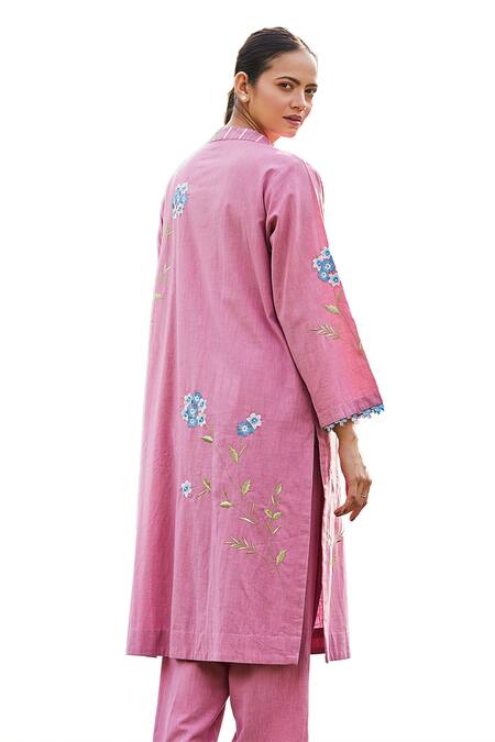 BO Tree Pink Cotton Embroidery Round Neck Rose Radiance Floral Kurta And Pant Set Online at Aza Fashions BO Tree_Pink Cotton Embroidery Round Neck Rose Radiance Floral Kurta And Pant Set _Online_at_Aza_Fashions