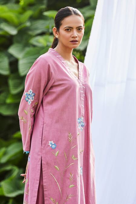 Buy BO Tree Pink Cotton Embroidery Round Neck Rose Radiance Floral Kurta And Pant Set Online at Aza Fashions Buy_BO Tree_Pink Cotton Embroidery Round Neck Rose Radiance Floral Kurta And Pant Set _Online_at_Aza_Fashions