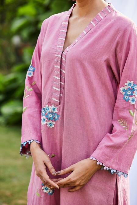Shop BO Tree Pink Cotton Embroidery Round Neck Rose Radiance Floral Kurta And Pant Set Online at Aza Fashions Shop_BO Tree_Pink Cotton Embroidery Round Neck Rose Radiance Floral Kurta And Pant Set _Online_at_Aza_Fashions