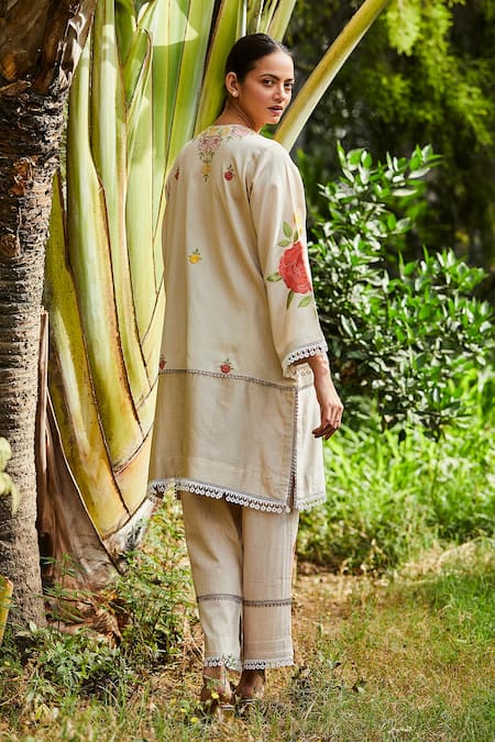 Shop BO Tree Beige Chanderi Lace, Embroidery Aurora Breeze Floral Motif Kurta And Pant Set at Aza Fashions Shop_BO Tree_Beige Chanderi Lace, Embroidery Aurora Breeze Floral Motif Kurta And Pant Set _at_Aza_Fashions