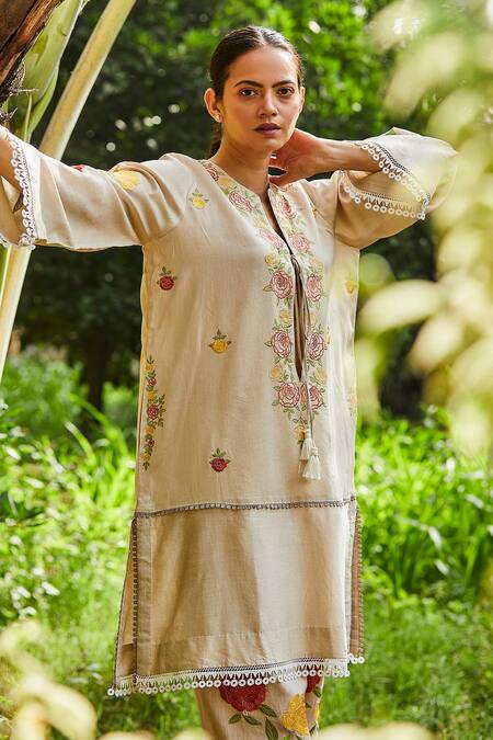 Buy BO Tree Beige Chanderi Lace, Embroidery Aurora Breeze Floral Motif Kurta And Pant Set Online at Aza Fashions Buy_BO Tree_Beige Chanderi Lace, Embroidery Aurora Breeze Floral Motif Kurta And Pant Set _Online_at_Aza_Fashions