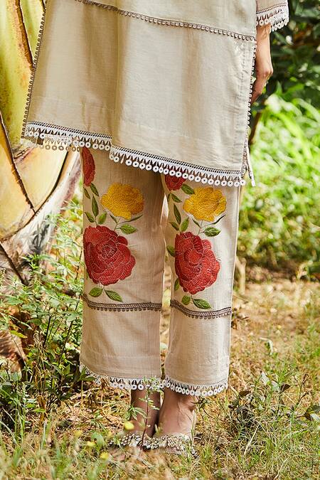 BO Tree Beige Chanderi Lace, Embroidery Aurora Breeze Floral Motif Kurta And Pant Set at Aza Fashions BO Tree_Beige Chanderi Lace, Embroidery Aurora Breeze Floral Motif Kurta And Pant Set _at_Aza_Fashions