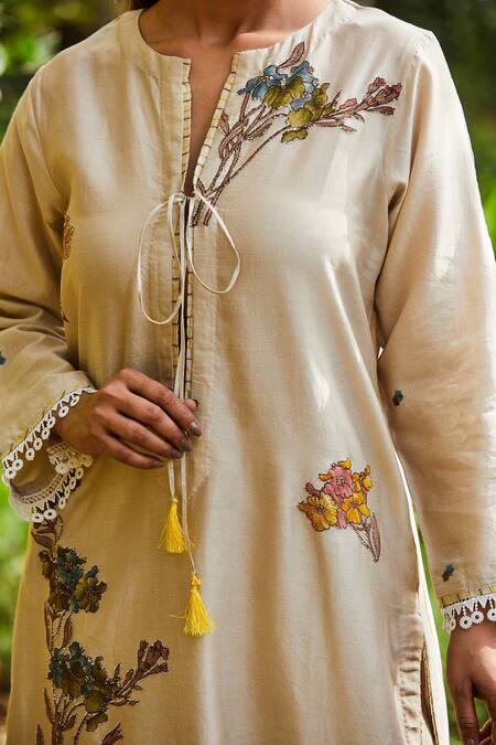 BO Tree Beige Chanderi Embroidery Split V-neck Breezy Blossom Kurta And Pant Set Online at Aza Fashions BO Tree_Beige Chanderi Embroidery Split V-neck Breezy Blossom Kurta And Pant Set _Online_at_Aza_Fashions