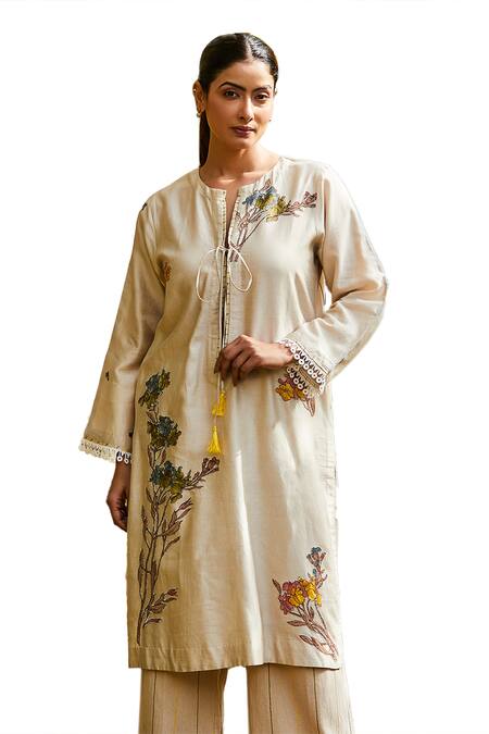 Shop BO Tree Beige Chanderi Embroidery Split V-neck Breezy Blossom Kurta And Pant Set Online at Aza Fashions Shop_BO Tree_Beige Chanderi Embroidery Split V-neck Breezy Blossom Kurta And Pant Set _Online_at_Aza_Fashions
