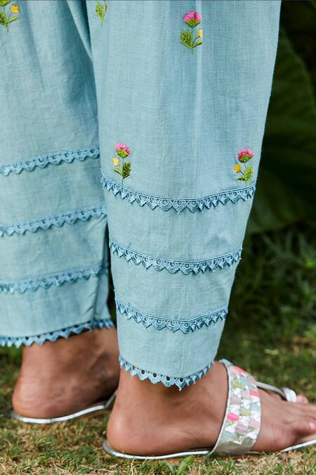 Shop BO Tree Blue Chanderi Embroidery V-neck Serence Floral Kurta And Salwar Set Online at Aza Fashions Shop_BO Tree_Blue Chanderi Embroidery V-neck Serence Floral Kurta And Salwar Set _Online_at_Aza_Fashions