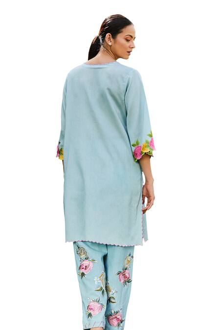 BO Tree Blue Chanderi Embroidery Split V-neck Sky Serenity Kurta And Salwar Set Online at Aza Fashions BO Tree_Blue Chanderi Embroidery Split V-neck Sky Serenity Kurta And Salwar Set _Online_at_Aza_Fashions