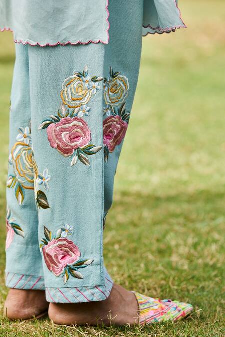 Shop BO Tree Blue Chanderi Embroidery Split V-neck Sky Serenity Kurta And Salwar Set Online at Aza Fashions Shop_BO Tree_Blue Chanderi Embroidery Split V-neck Sky Serenity Kurta And Salwar Set _Online_at_Aza_Fashions