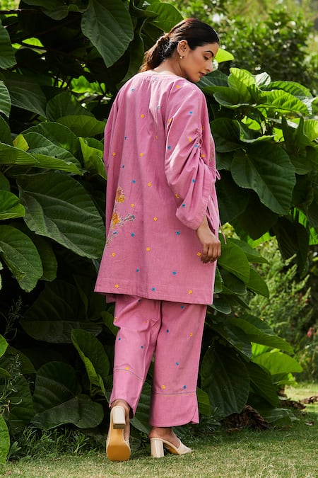 Shop BO Tree Pink Cotton Slub Embroidered Floral Motif Round Kaftan And Pant Set at Aza Fashions Shop_BO Tree_Pink Cotton Slub Embroidered Floral Motif Round Kaftan And Pant Set _at_Aza_Fashions