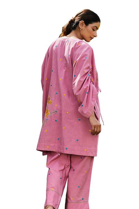 BO Tree Pink Cotton Slub Embroidered Floral Motif Round Kaftan And Pant Set Online at Aza Fashions BO Tree_Pink Cotton Slub Embroidered Floral Motif Round Kaftan And Pant Set _Online_at_Aza_Fashions