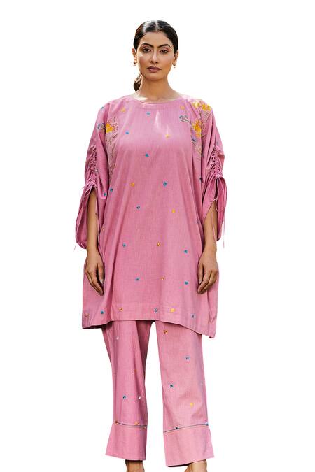 Shop BO Tree Pink Cotton Slub Embroidered Floral Motif Round Kaftan And Pant Set Online at Aza Fashions Shop_BO Tree_Pink Cotton Slub Embroidered Floral Motif Round Kaftan And Pant Set _Online_at_Aza_Fashions