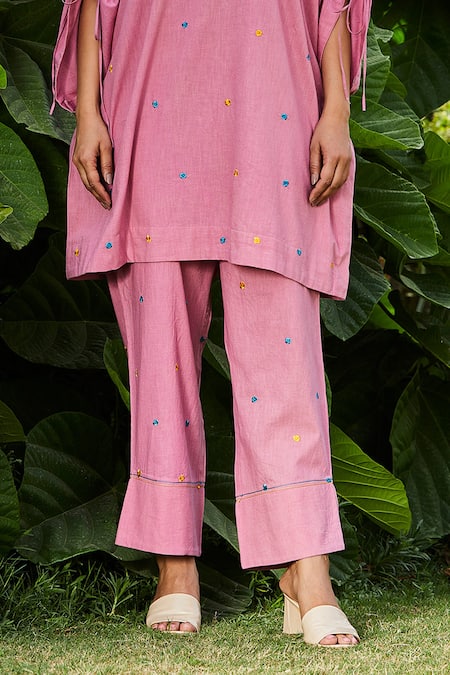 BO Tree Pink Cotton Slub Embroidered Floral Motif Round Kaftan And Pant Set at Aza Fashions BO Tree_Pink Cotton Slub Embroidered Floral Motif Round Kaftan And Pant Set _at_Aza_Fashions