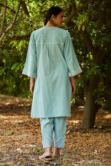 Shop BO Tree Blue Cotton Embroidery V-neck Tulip Tranquility Kurta And Salwar Set at Aza Fashions Shop_BO Tree_Blue Cotton Embroidery V-neck Tulip Tranquility Kurta And Salwar Set _at_Aza_Fashions