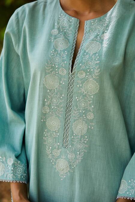 BO Tree Blue Cotton Embroidery V-neck Tulip Tranquility Kurta And Salwar Set Online at Aza Fashions BO Tree_Blue Cotton Embroidery V-neck Tulip Tranquility Kurta And Salwar Set _Online_at_Aza_Fashions