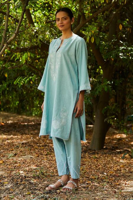 Buy BO Tree Blue Cotton Embroidery V-neck Tulip Tranquility Kurta And Salwar Set Online at Aza Fashions Buy_BO Tree_Blue Cotton Embroidery V-neck Tulip Tranquility Kurta And Salwar Set _Online_at_Aza_Fashions