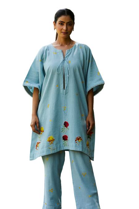 Shop_BO Tree_Blue Handloom Cotton Embroidered Floral Round Serene Kurta And Pant Set _Online_at_Aza_Fashions