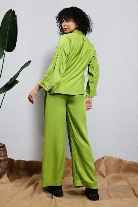 Shop_Leela By A_Green Tencel, Cotton Embroidery Collared Shirt And Pant Set _at_Aza_Fashions