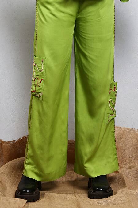Leela By A_Green Tencel, Cotton Embroidery Collared Shirt And Pant Set _Online_at_Aza_Fashions
