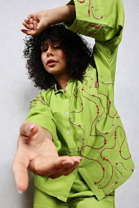 Buy_Leela By A_Green Tencel, Cotton Embroidery Collared Shirt And Pant Set _Online_at_Aza_Fashions