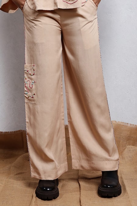 Leela By A Beige Tencel, Cotton Embroidery Collared Anchor Thread Shirt And Pant Set Online at Aza Fashions Leela By A_Beige Tencel, Cotton Embroidery Collared Anchor Thread Shirt And Pant Set _Online_at_Aza_Fashions