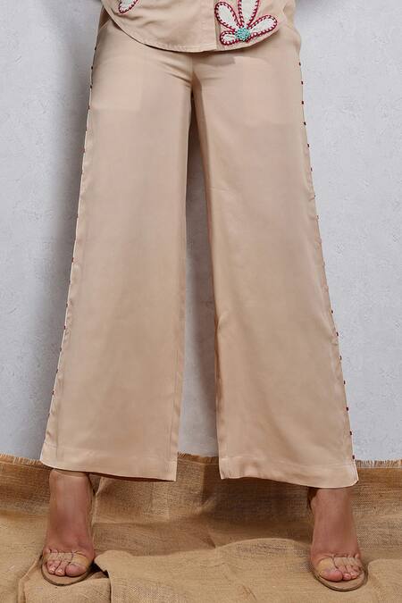 Leela By A Beige Tencel Embroidery Collared Resham Shirt And Pant Set Online at Aza Fashions Leela By A_Beige Tencel Embroidery Collared Resham Shirt And Pant Set _Online_at_Aza_Fashions