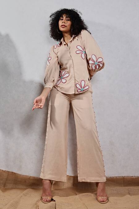 Shop Leela By A Beige Tencel Embroidery Collared Resham Shirt And Pant Set Online at Aza Fashions Shop_Leela By A_Beige Tencel Embroidery Collared Resham Shirt And Pant Set _Online_at_Aza_Fashions