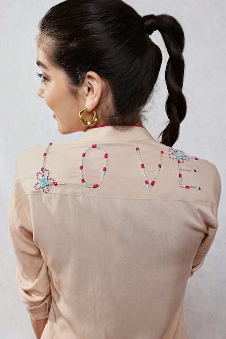 Shop_Leela By A_Beige Tencel, Cotton Embroidery Mandarin Collar Shirt And Dhoti Pant Set _at_Aza_Fashions