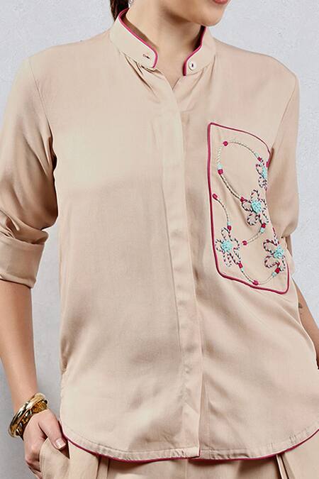 Leela By A_Beige Tencel, Cotton Embroidery Mandarin Collar Shirt And Dhoti Pant Set _Online_at_Aza_Fashions