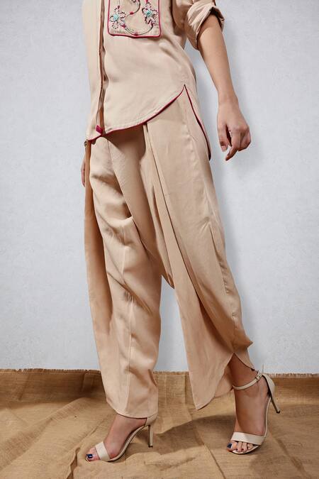 Buy_Leela By A_Beige Tencel, Cotton Embroidery Mandarin Collar Shirt And Dhoti Pant Set _Online_at_Aza_Fashions