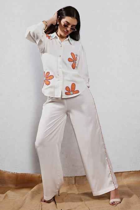 Leela By A White Tencel Lux Applique Embroidered Jute Collar Shirt And Pant Set 