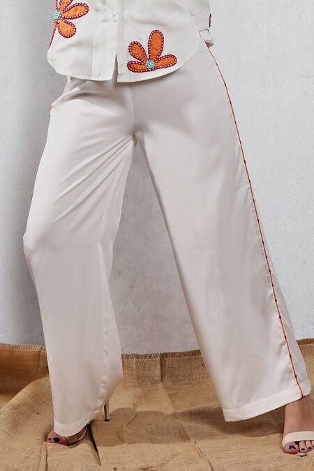 Leela By A White Tencel, Cotton Embroidery Collared Applique Shirt And Pant Set Online at Aza Fashions Leela By A_White Tencel, Cotton Embroidery Collared Applique Shirt And Pant Set _Online_at_Aza_Fashions