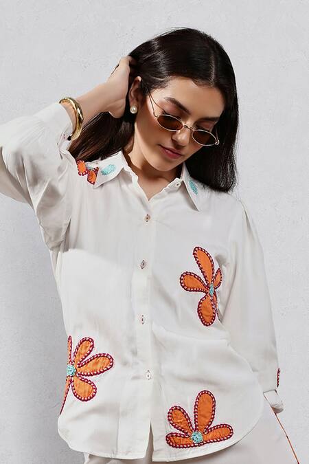 Buy Leela By A White Tencel, Cotton Embroidery Collared Applique Shirt And Pant Set Online at Aza Fashions Buy_Leela By A_White Tencel, Cotton Embroidery Collared Applique Shirt And Pant Set _Online_at_Aza_Fashions