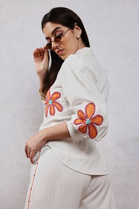 Shop Leela By A White Tencel, Cotton Embroidery Collared Applique Shirt And Pant Set Online at Aza Fashions Shop_Leela By A_White Tencel, Cotton Embroidery Collared Applique Shirt And Pant Set _Online_at_Aza_Fashions