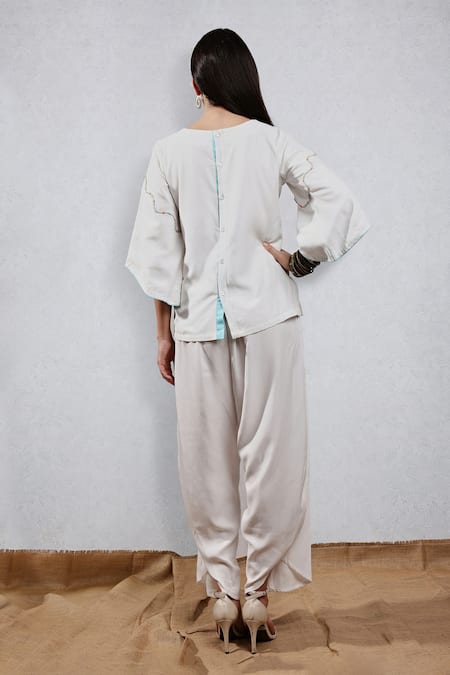 Shop Leela By A White Tencel, Cotton Embroidery Split V-neck Short Kurta And Dhoti Pant Set at Aza Fashions Shop_Leela By A_White Tencel, Cotton Embroidery Split V-neck Short Kurta And Dhoti Pant Set _at_Aza_Fashions