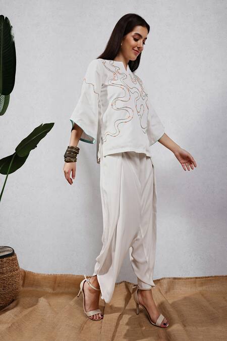 Leela By A White Tencel, Cotton Embroidery Split V-neck Short Kurta And Dhoti Pant Set Online at Aza Fashions Leela By A_White Tencel, Cotton Embroidery Split V-neck Short Kurta And Dhoti Pant Set _Online_at_Aza_Fashions