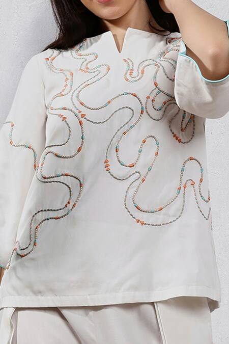 Buy Leela By A White Tencel, Cotton Embroidery Split V-neck Short Kurta And Dhoti Pant Set Online at Aza Fashions Buy_Leela By A_White Tencel, Cotton Embroidery Split V-neck Short Kurta And Dhoti Pant Set _Online_at_Aza_Fashions