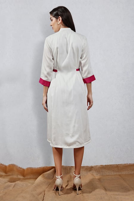 Shop Leela By A White Tencel, Cotton Embroidery Collared Applique Midi Shirt Dress at Aza Fashions Shop_Leela By A_White Tencel, Cotton Embroidery Collared Applique Midi Shirt Dress _at_Aza_Fashions