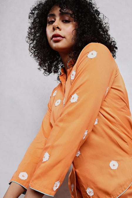 Shop Leela By A Orange Tencel, Cotton Embroidery French Knots Applique Shirt And Pant Set at Aza Fashions Shop_Leela By A_Orange Tencel, Cotton Embroidery French Knots Applique Shirt And Pant Set _at_Aza_Fashions