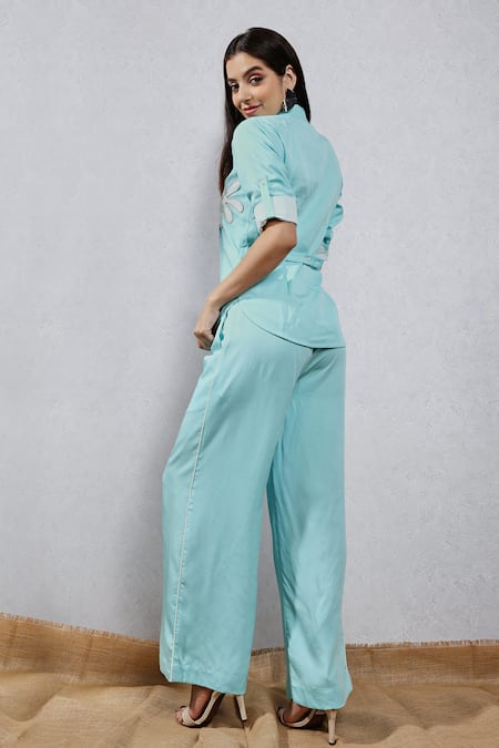 Shop Leela By A Blue Tencel, Cotton Piping, Applique Flowers Embroidered Shirt And Pant Set at Aza Fashions Shop_Leela By A_Blue Tencel, Cotton Piping, Applique Flowers Embroidered Shirt And Pant Set _at_Aza_Fashions