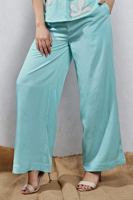 Leela By A Blue Tencel, Cotton Piping, Applique Flowers Embroidered Shirt And Pant Set Online at Aza Fashions Leela By A_Blue Tencel, Cotton Piping, Applique Flowers Embroidered Shirt And Pant Set _Online_at_Aza_Fashions