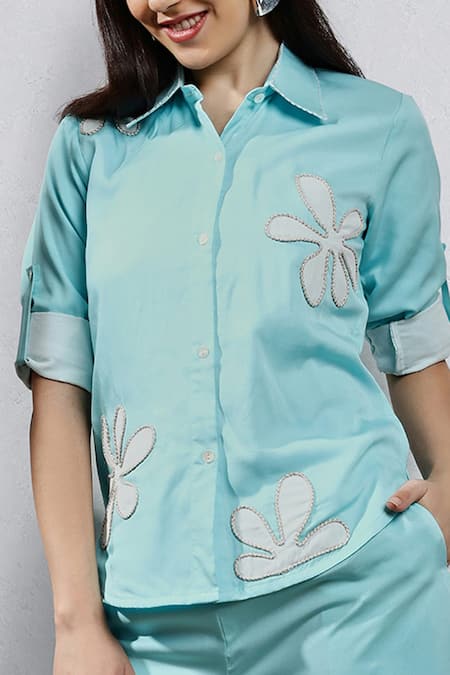 Buy Leela By A Blue Tencel, Cotton Piping, Applique Flowers Embroidered Shirt And Pant Set Online at Aza Fashions Buy_Leela By A_Blue Tencel, Cotton Piping, Applique Flowers Embroidered Shirt And Pant Set _Online_at_Aza_Fashions