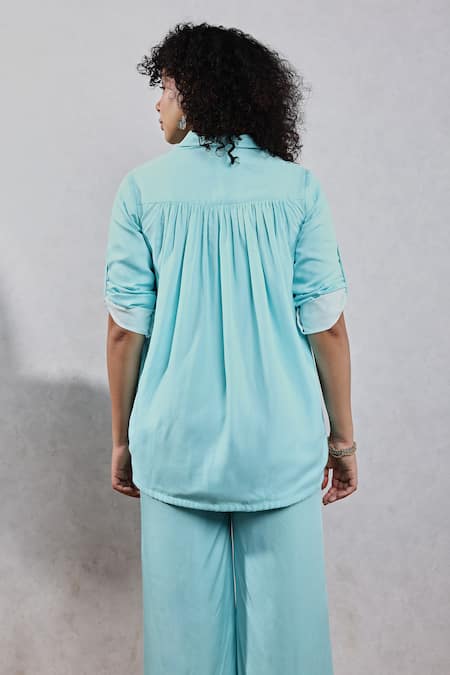 Shop Leela By A Blue Tencel, Cotton Solid Blazer And Pant Set at Aza Fashions Shop_Leela By A_Blue Tencel, Cotton Solid Blazer And Pant Set _at_Aza_Fashions