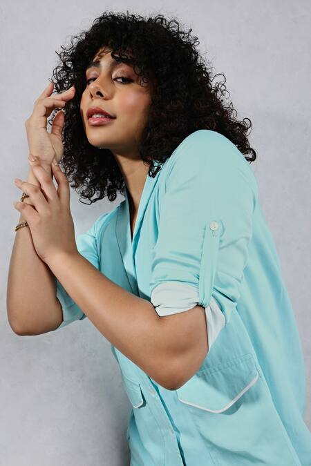 Shop Leela By A Blue Tencel, Cotton Solid Blazer And Pant Set Online at Aza Fashions Shop_Leela By A_Blue Tencel, Cotton Solid Blazer And Pant Set _Online_at_Aza_Fashions