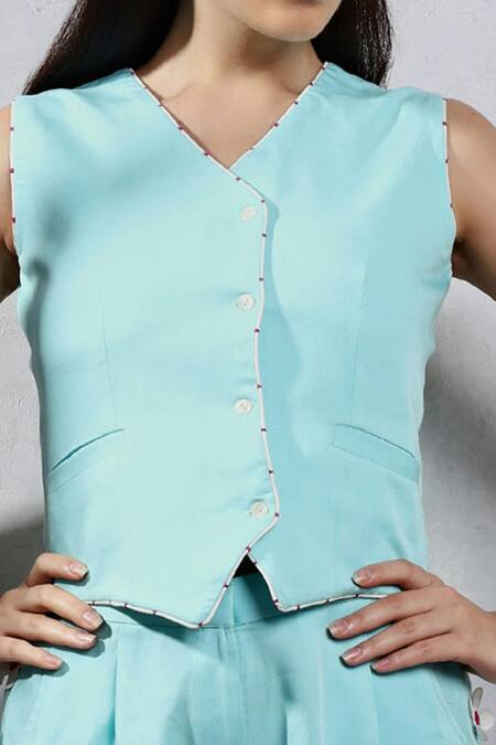 Leela By A Blue Tencel, Cotton Fabric Flowers Sleeveless Vest And Embroidered Shorts Set Online at Aza Fashions Leela By A_Blue Tencel, Cotton Fabric Flowers Sleeveless Vest And Embroidered Shorts Set _Online_at_Aza_Fashions