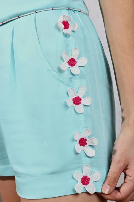 Buy Leela By A Blue Tencel, Cotton Fabric Flowers Sleeveless Vest And Embroidered Shorts Set Online at Aza Fashions Buy_Leela By A_Blue Tencel, Cotton Fabric Flowers Sleeveless Vest And Embroidered Shorts Set _Online_at_Aza_Fashions