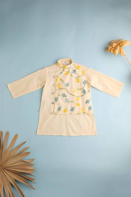 Cute Couture_Beige Cotton Embroidered Thread Leaf Vine Kurta And Pant Set _Online_at_Aza_Fashions