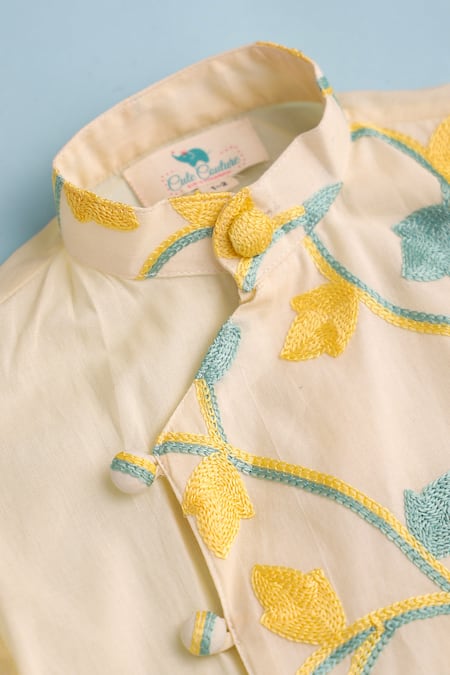 Buy_Cute Couture_Beige Cotton Embroidered Thread Leaf Vine Kurta And Pant Set 