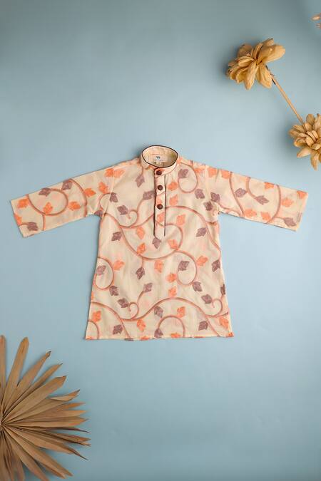 Cute Couture_Beige Cotton Embroidery Leaf Vine Thread Kurta And Pant Set _Online_at_Aza_Fashions